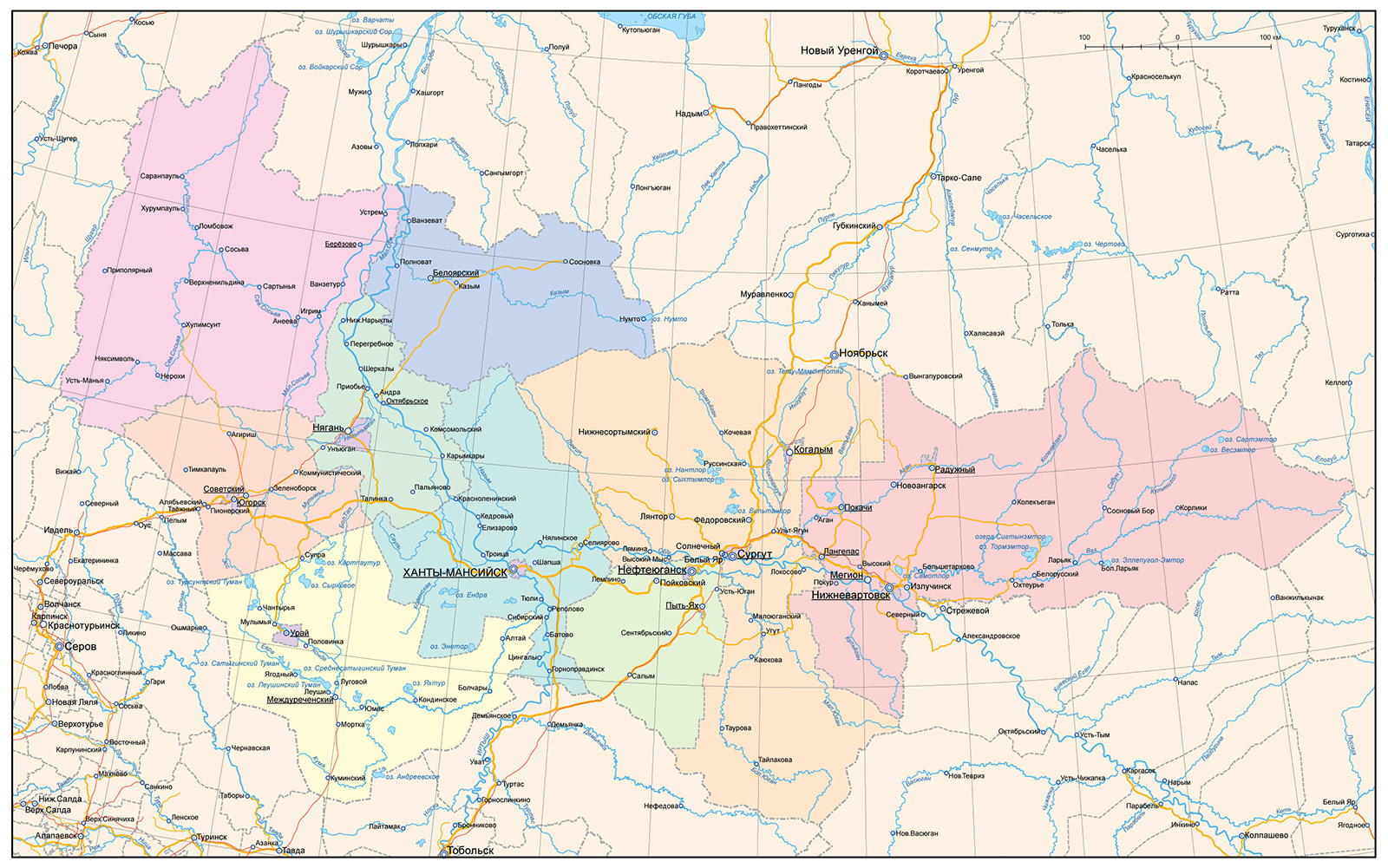 Карта Западной Сибири с обозначением традиционных территорий хантов, манси и ненцев